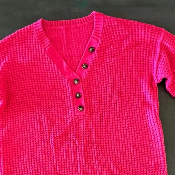 NEW Hot Pink Henley Waffle Texture Soft Comfy
Oversized Fit Knit Sweater XXL - Picture 3 of 4